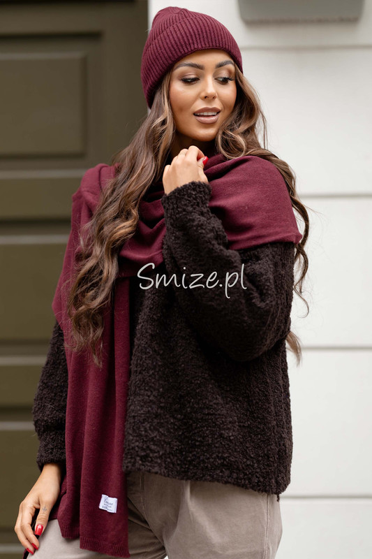 Komplet kaszmirowy bordowy, szal z czapką CASHMERE