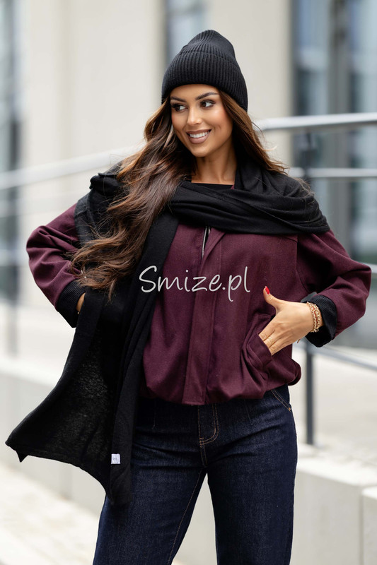 Komplet kaszmirowy czarny, szal z czapką CASHMERE