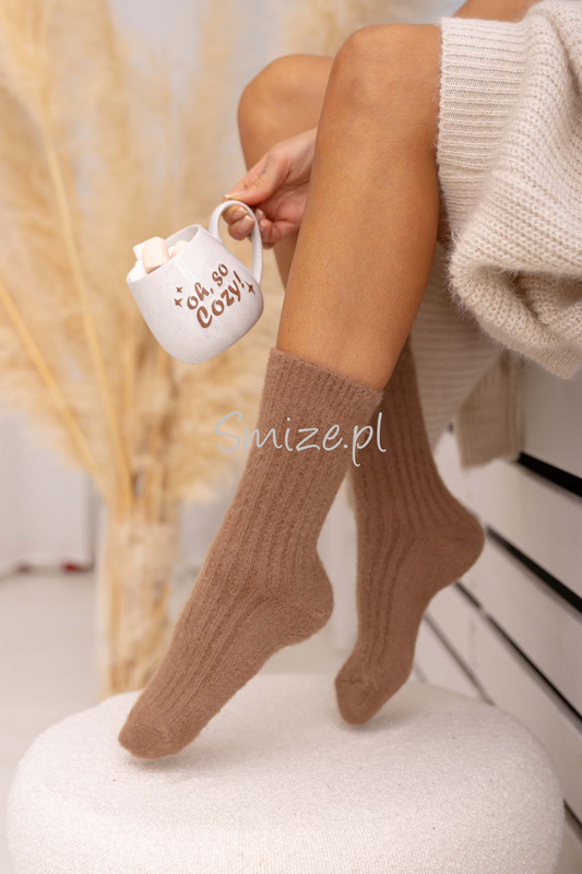 Skarpetki z angory, prążkowane, mokka