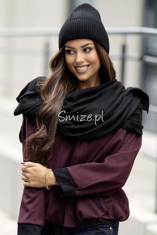Komplet kaszmirowy czarny, szal z czapką CASHMERE