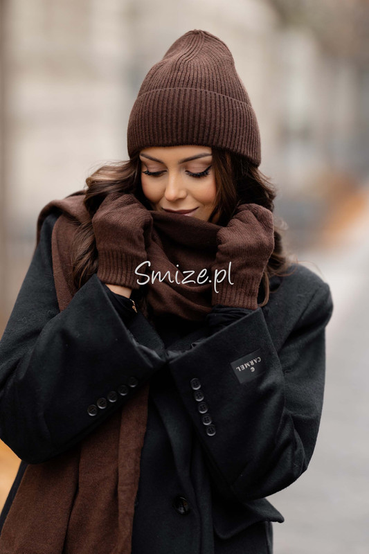 Komplet kaszmirowy z rękawiczkami, CASHMERE, brązowy