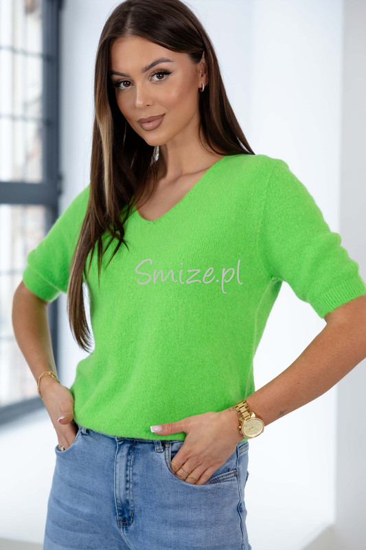Sweter V-neck z krótkim rękawem baby alpaka GEORGINA zielony