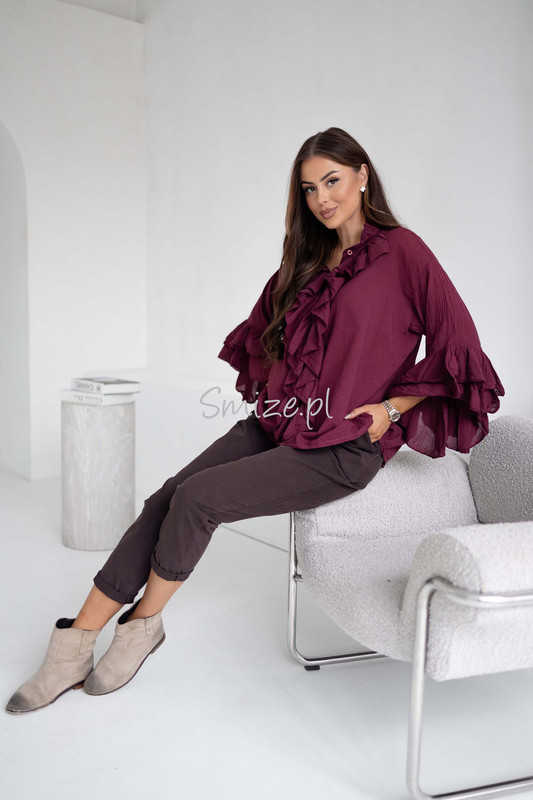 Bawełniana bluzka z falbanami i rozkloszowanymi rękawami, bordowa