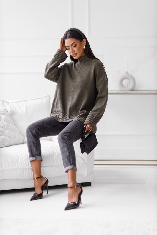 Sweter damski wełniany AURA, khaki Madame Sue