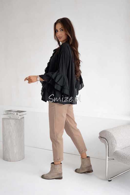 Bawełniana bluzka z falbanami i rozkloszowanymi rękawami, czarna