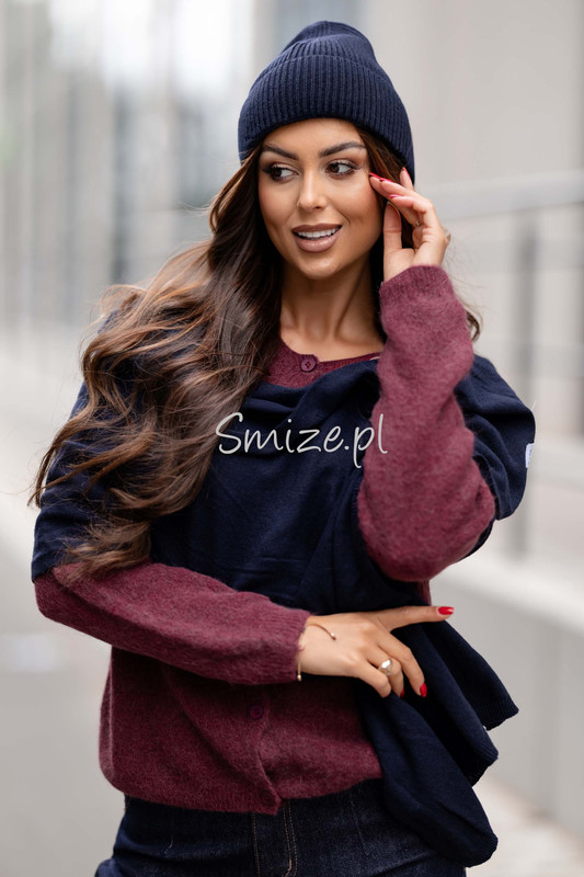 Komplet kaszmirowy granatowy, szal z czapką CASHMERE