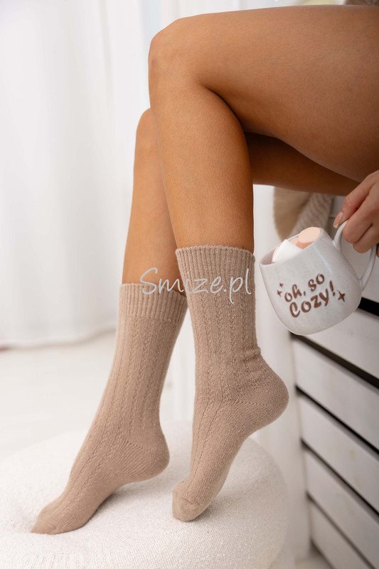 Skarpetki z angory, szerszy prążek, kamienny beż