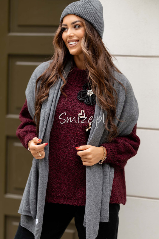 Komplet kaszmirowy ciemny szary, szal z czapką CASHMERE