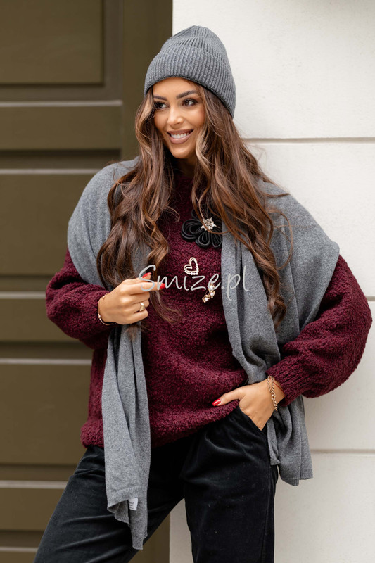 Komplet kaszmirowy ciemny szary, szal z czapką CASHMERE