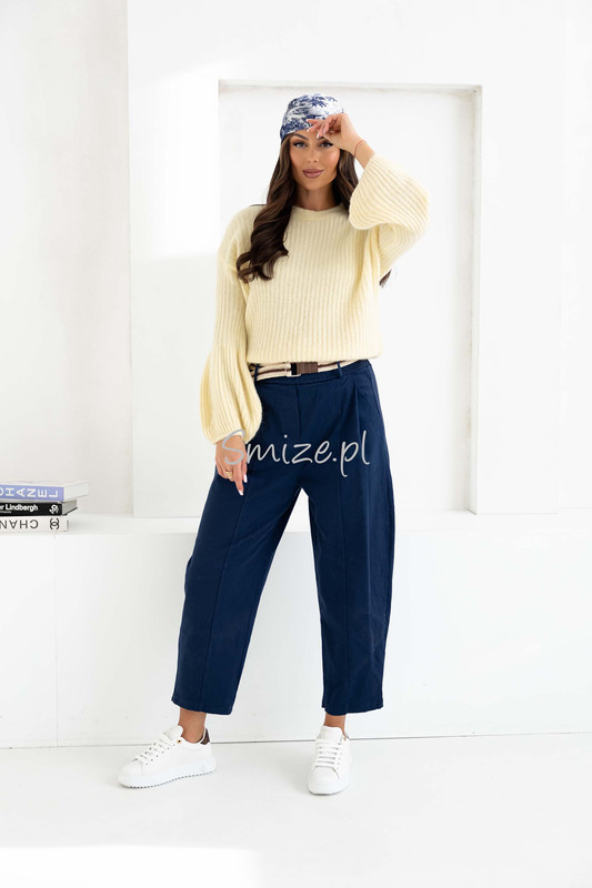 Spodnie damskie o kroju Balloon z wysokim stanem, granatowe