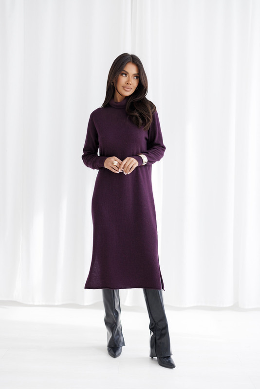 Wełniana Sukienka z golfem, z dodatkiem cashmiru ALVARO Madame Sue, bakłażanowa