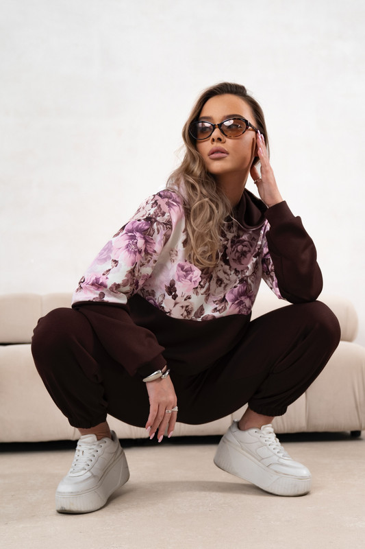 Komplet dresowy z wiskozy Flowers czekoladowy