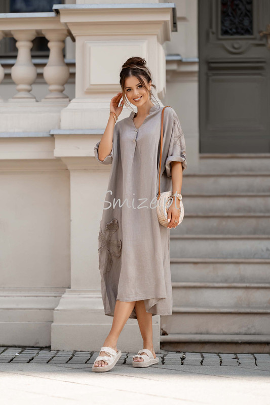 Sukienka lniana oversize z kwiatkiem