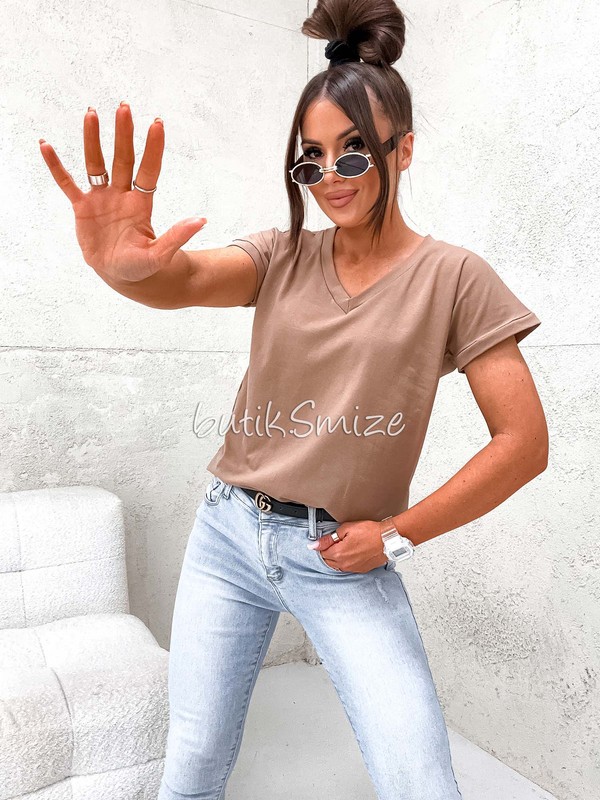 Gładki T-shirt bawełniany V neck classic Smize