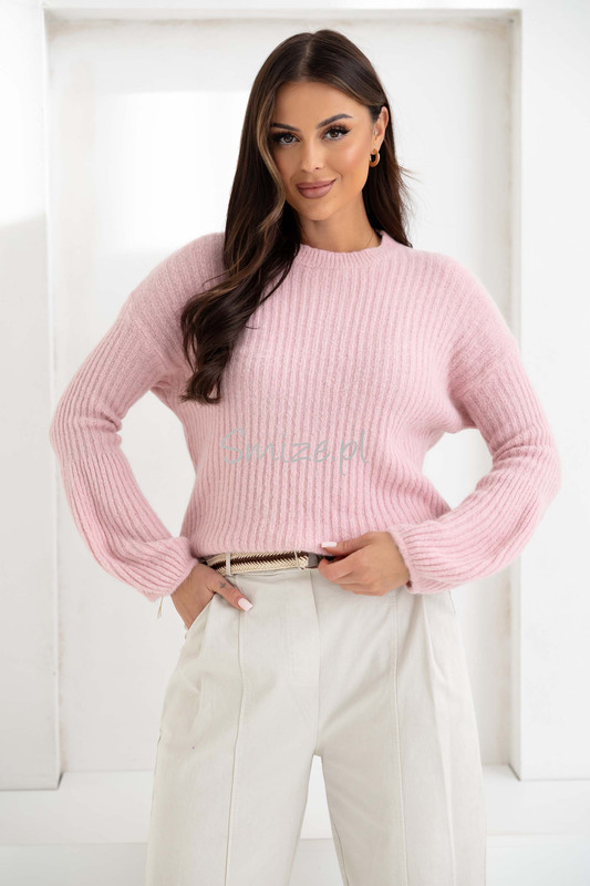 Sweter baby alpaka z dzwonkowymi rękawami, pudrowy róż