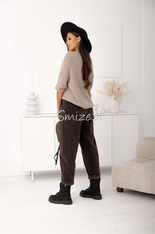 Damskie spodnie sztruksowe balloon, czekoladowe