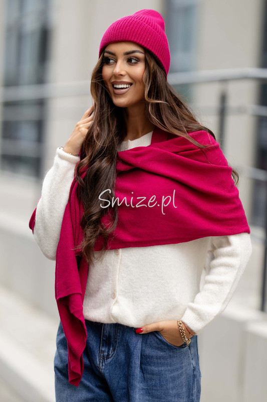 Komplet kaszmirowy malinowy, szal z czapką CASHMERE