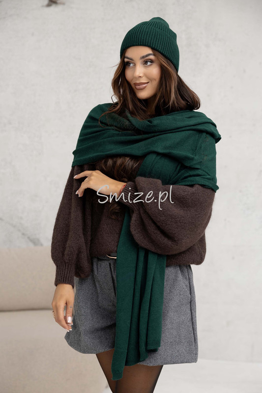 Komplet kaszmirowy butelkowa zieleń, szal z czapką CASHMERE
