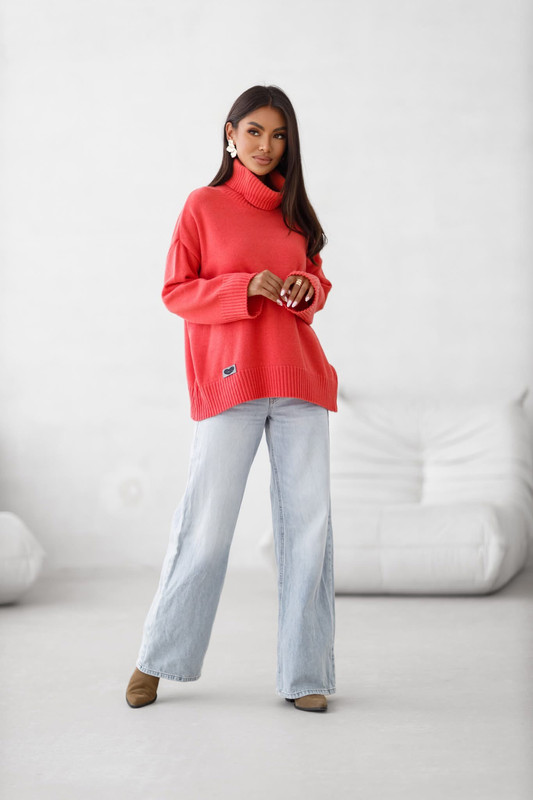 Sweter damski wełniany golf KELLY koralowy Madame Sue