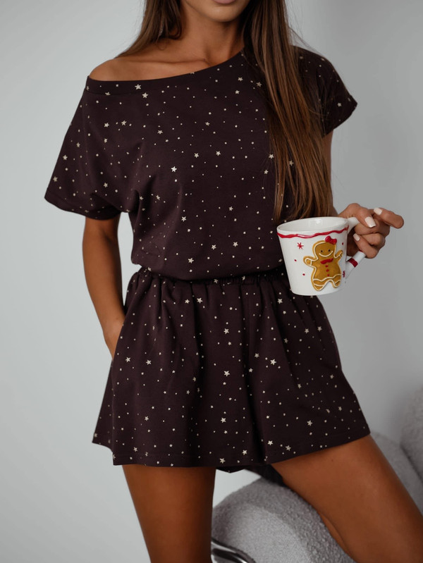 Piżama damska z szortami, w gwiazdki BOCCA, czekoladowa