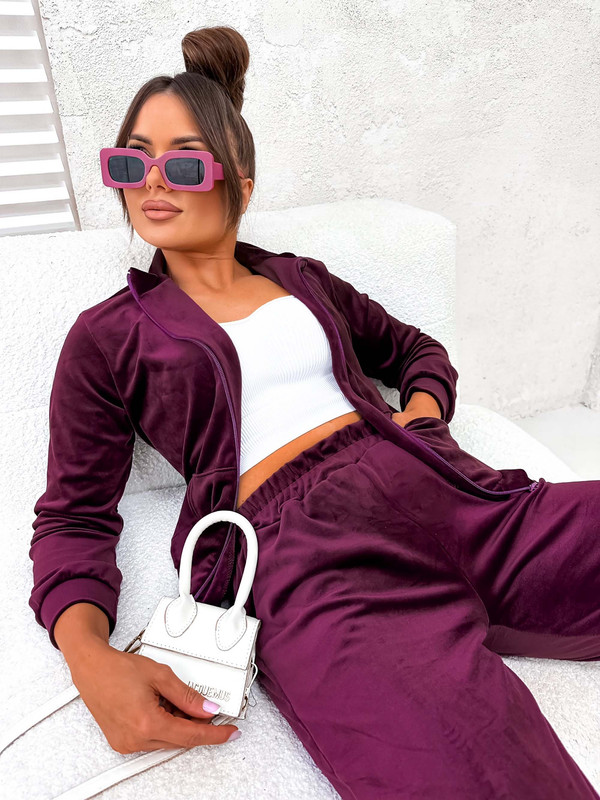 Welurowy komplet dresowy z rozpinaną bluzą bez kaptura Classy