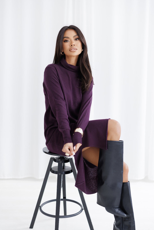 Wełniana Sukienka z golfem, z dodatkiem cashmiru ALVARO Madame Sue, bakłażanowa