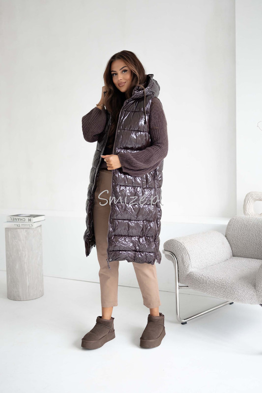 Długa pikowana kamizelka damska z kapturem bezrękawnik damski czekoladowy