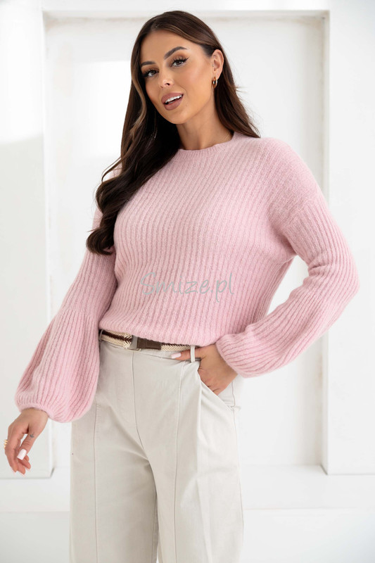 Sweter baby alpaka z dzwonkowymi rękawami, pudrowy róż