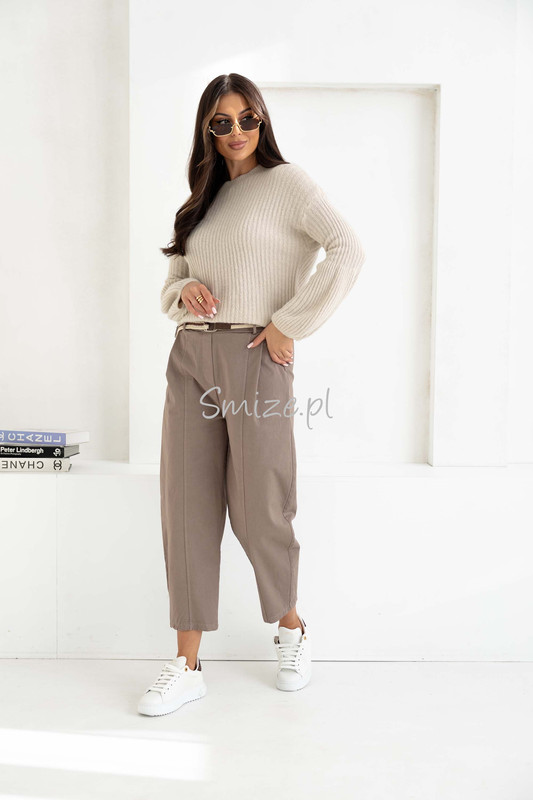 Spodnie damskie o kroju Balloon z wysokim stanem, mokka
