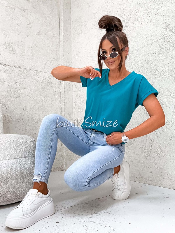 Gładki T-shirt bawełniany V neck classic Smize