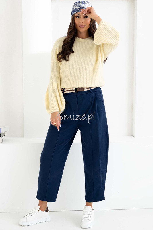 Spodnie damskie o kroju Balloon z wysokim stanem, granatowe