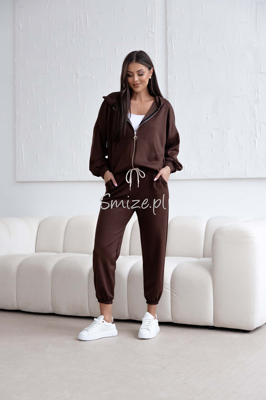 Komplet dresowy z wiskozy, masełkowy z rozpinaną bluzą, czekoladowy