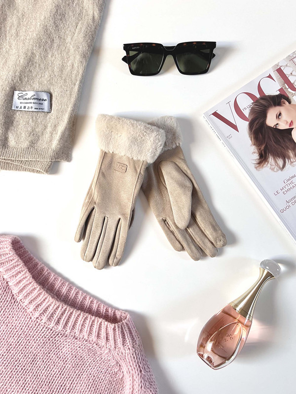 Rękawiczki pięciopalczaste z futerkiem, beżowe