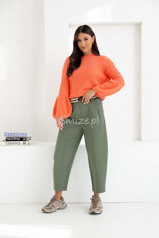 Spodnie damskie o kroju Balloon z wysokim stanem, oliwkowe