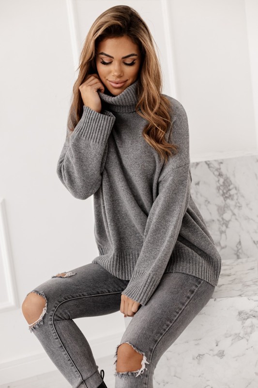 Sweter damski wełniany golf KELLY ciemny szary Madame Sue