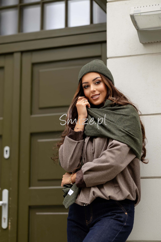 Komplet kaszmirowy khaki, szal z czapką CASHMERE