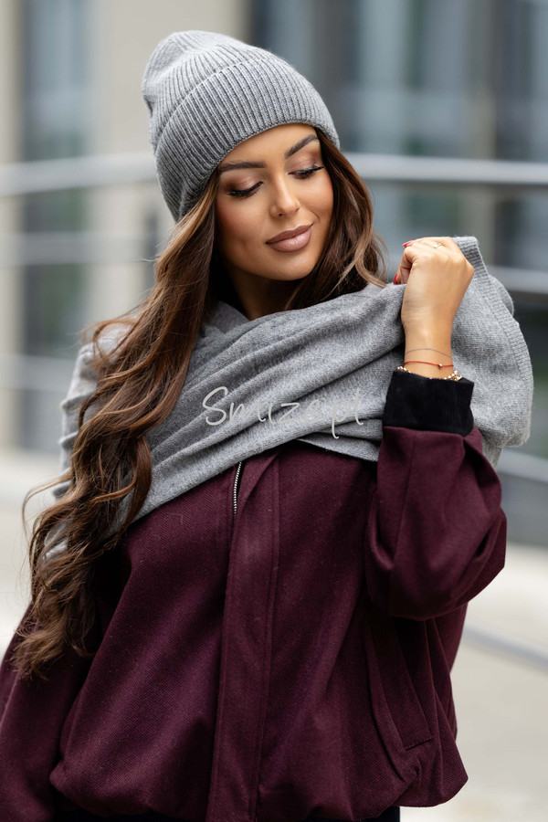 Komplet kaszmirowy szary, szal z czapką CASHMERE