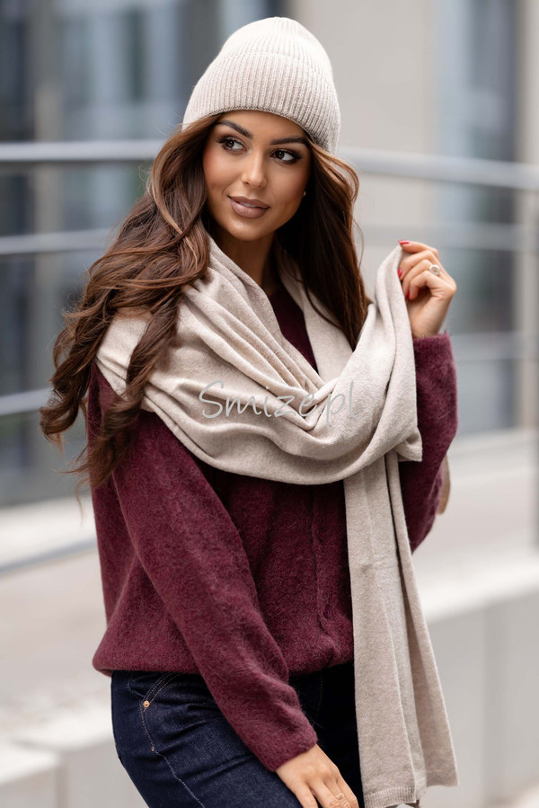 Komplet kaszmirowy kamienny beż, szal z czapką CASHMERE