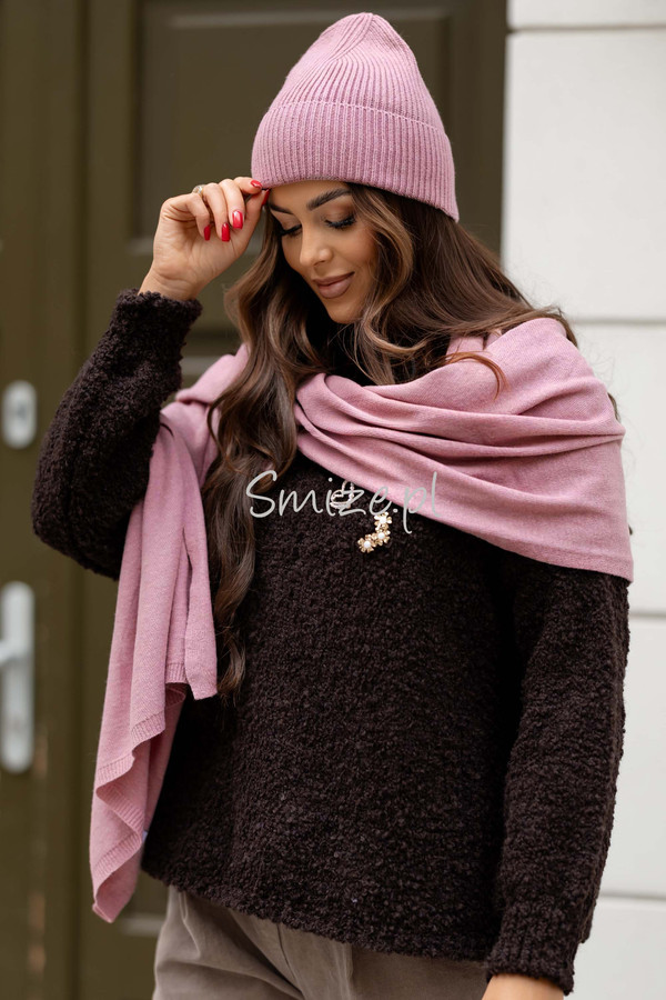 Komplet kaszmirowy pudrowy róż, szal z czapką CASHMERE