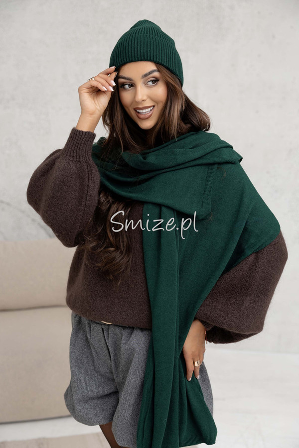 Komplet kaszmirowy butelkowa zieleń, szal z czapką CASHMERE