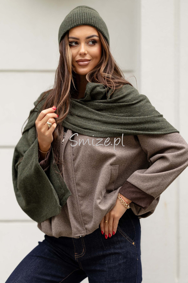 Komplet kaszmirowy khaki, szal z czapką CASHMERE