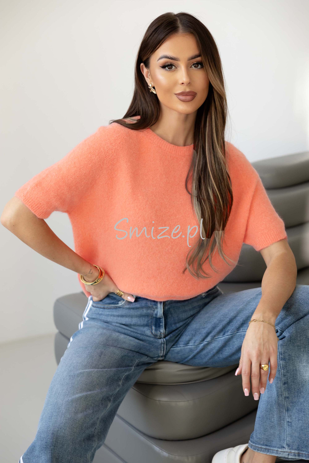 Sweter z krótkim rękawem baby alpaka GEORGINA brzoskwiniowy