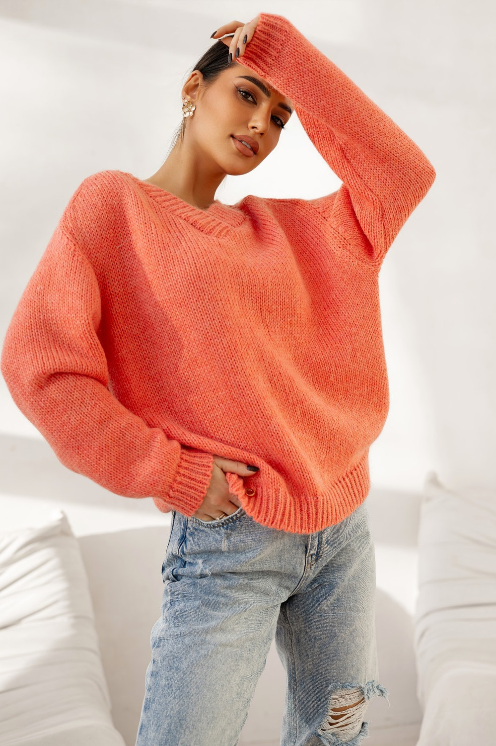 Sweter damski wełna moher premium Sisi V neck Madame Sue, koralowy