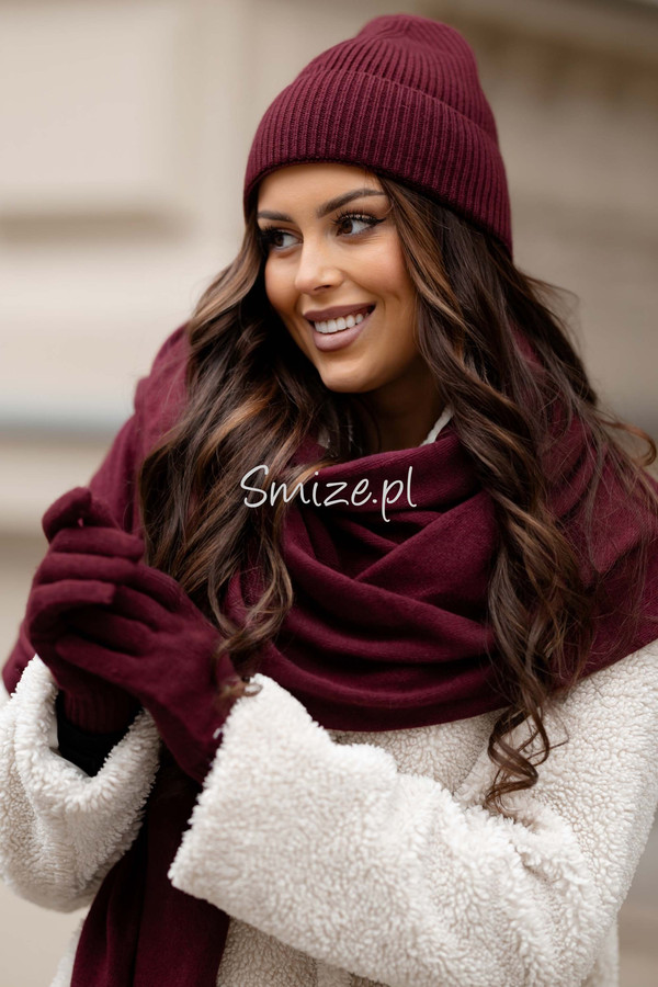 Komplet kaszmirowy z rękawiczkami, CASHMERE, bordowy