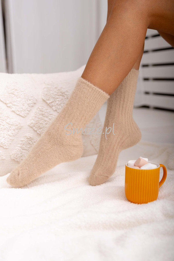 Skarpetki z angory, prążkowane, beżowe
