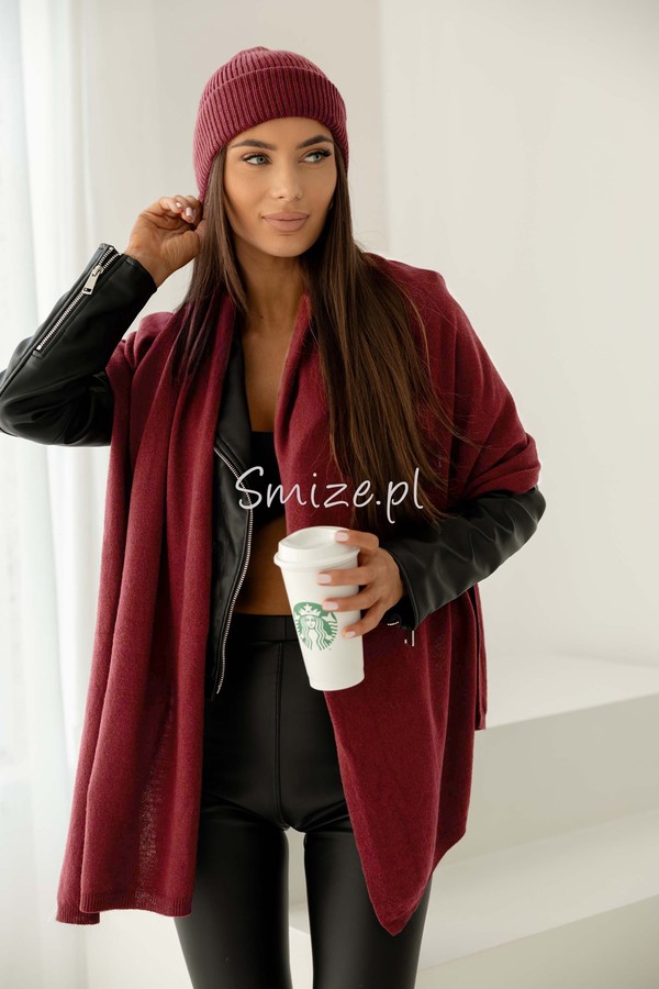 Komplet kaszmirowy red wine, szal z czapką CASHMERE