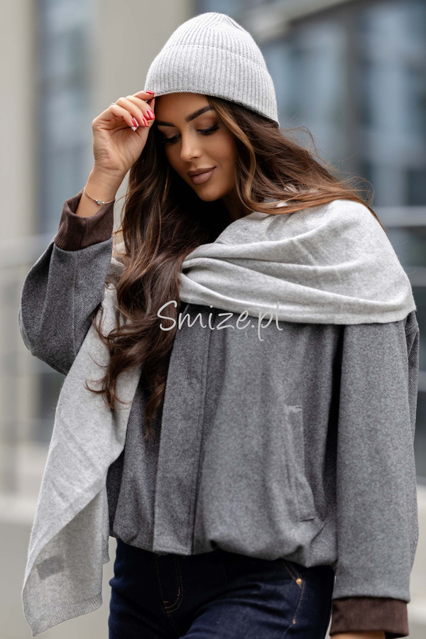 Komplet kaszmirowy jasny szary, szal z czapką CASHMERE