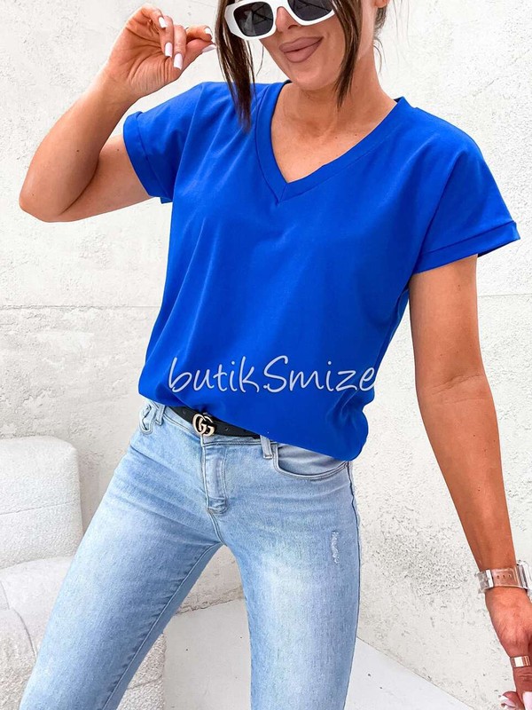 Gładki T-shirt bawełniany V neck classic Smize