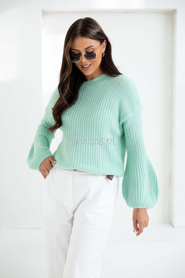 Sweter baby alpaka z dzwonkowymi rękawami, miętowy