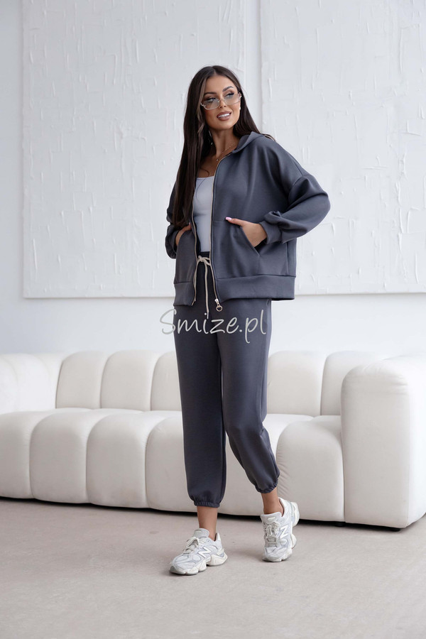 Komplet dresowy z wiskozy, masełkowy z rozpinaną bluzą, grafitowy